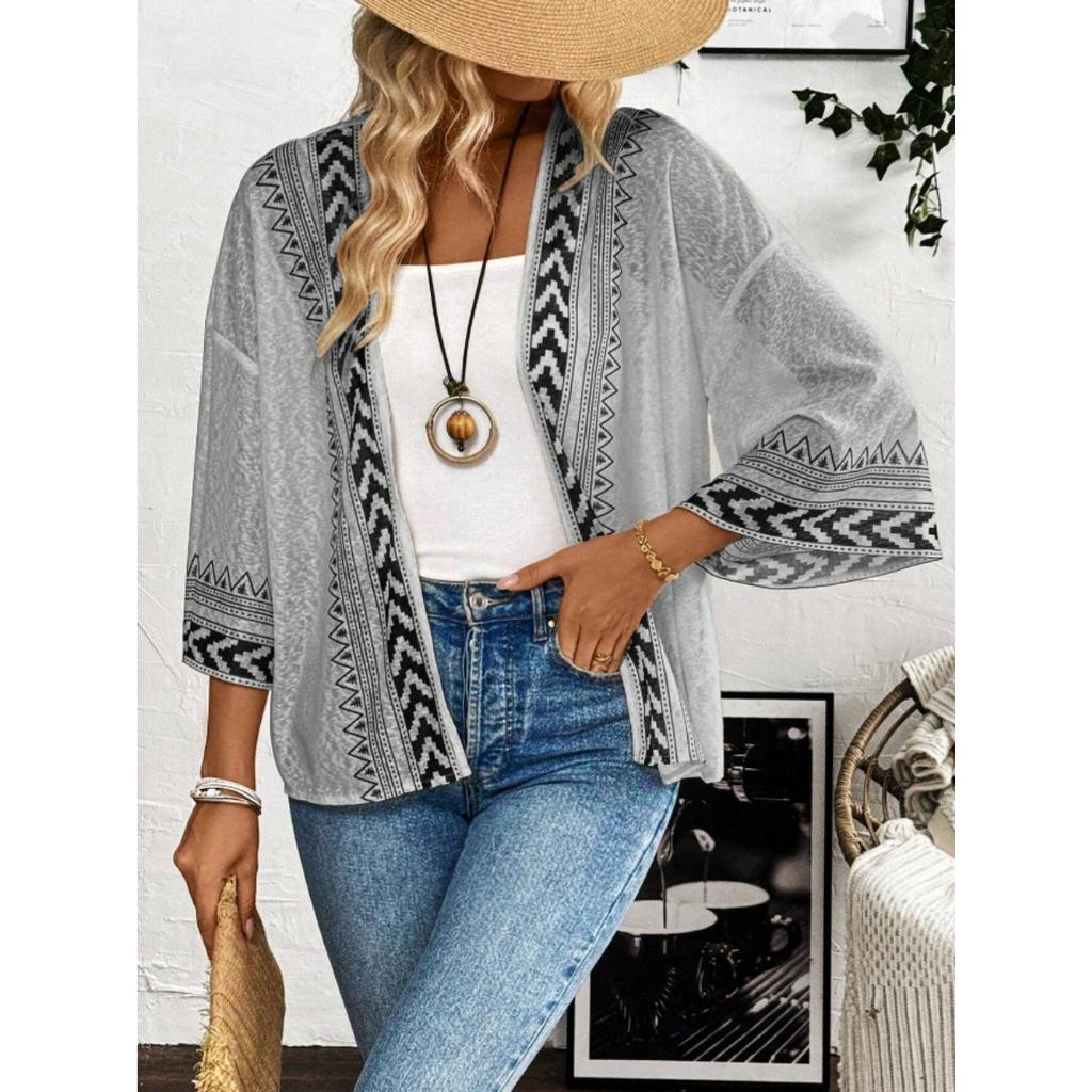 Women's Summer Thin Sunscreen Cardigan, Boho Printed Mid-Sleeve Loose Casual Top for European & American