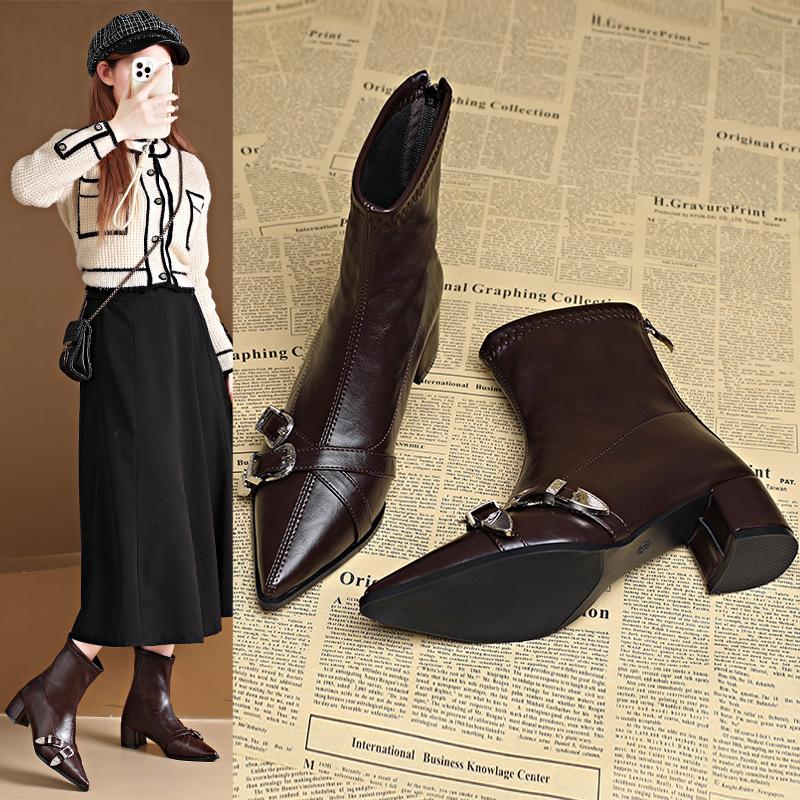 

Ретро остроносые панк стиль толстый каблук короткие ботинки женские новые европейские и американские тонкие ботинки задняя молния ботинки Мартин женские 42 коричневый