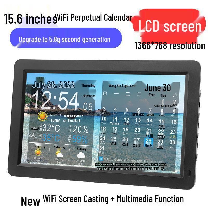 5,8G WiFi Intelligenter Wetter- & Mondkalender mit Temperaturanzeige und Mobiler Bildschirmsynchronisierung, 13-15 Zoll