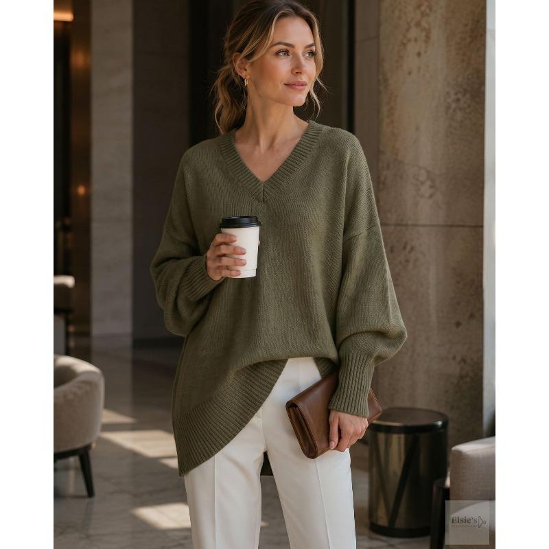VEZFAA Damenmode, lässig, Herbst/Winter, einfarbig, bedruckt, langärmelig, V-Ausschnitt