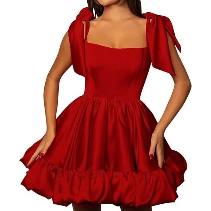 1011 new European and American style evening dress square neck bow satin tutu skirt thin birthday party dance dress