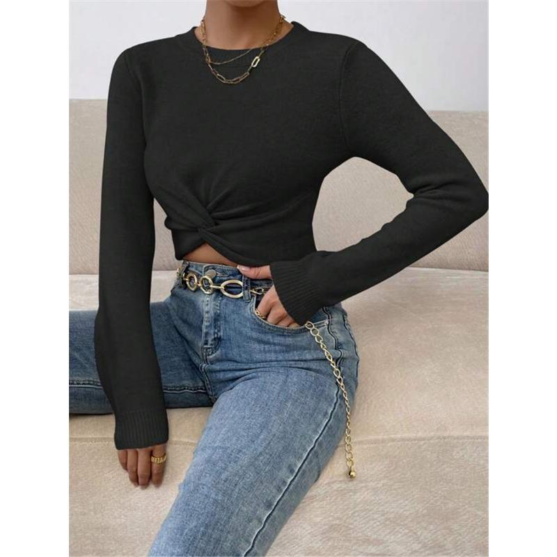 Women Slim Fit Cross Design Round Neck Long Sleeve Knit Sweater