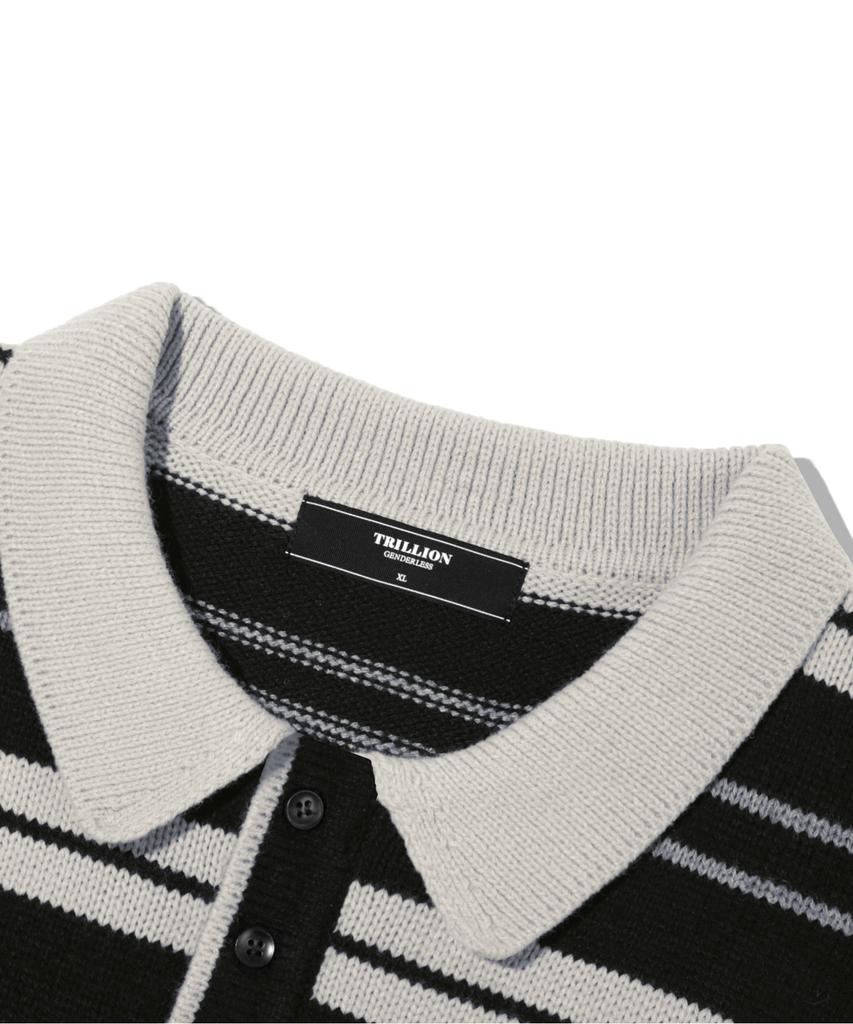 TRILLION Washable Striped Button Collar Neck Knit [Black]