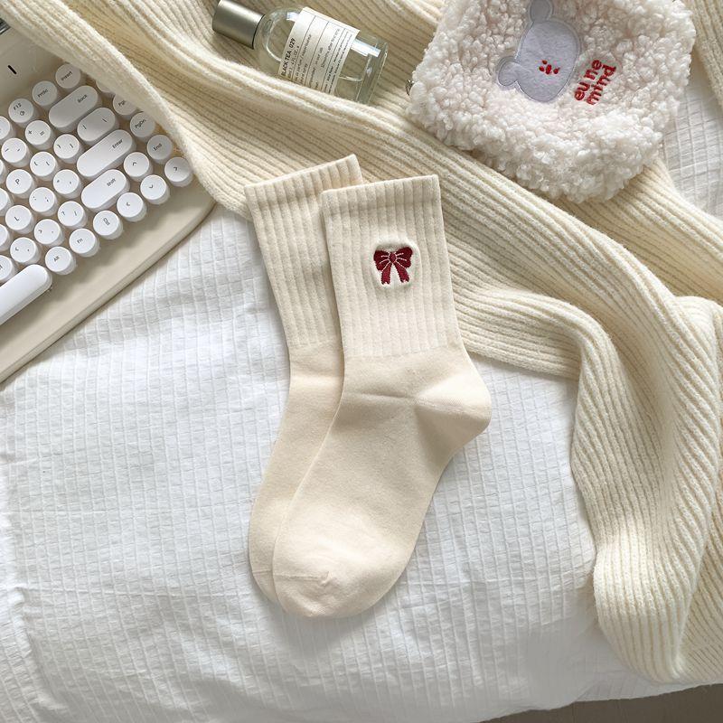 

Trendy Women s Socks Autumn Red Girls Embroidery Bow Cute Socks Long Breathable Cotton Female Elastic Striped Socks Korean Style