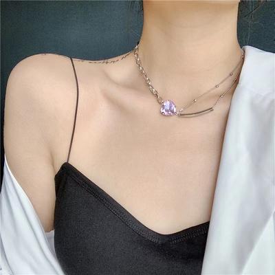 Purple Zircon Love Necklace Women's Light Luxury Niche Design Sense High-end Heart-shaped Pendant Collarbone Chain with Jewelry Accessories