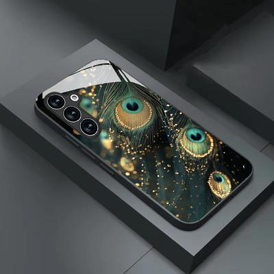 Peacock Feather Pattern Tempered Glass Phone Case Suitable for Samsung Galaxy S26 S25 S24 S22 S21 S20 FE/Ultra/Plus Dustproof