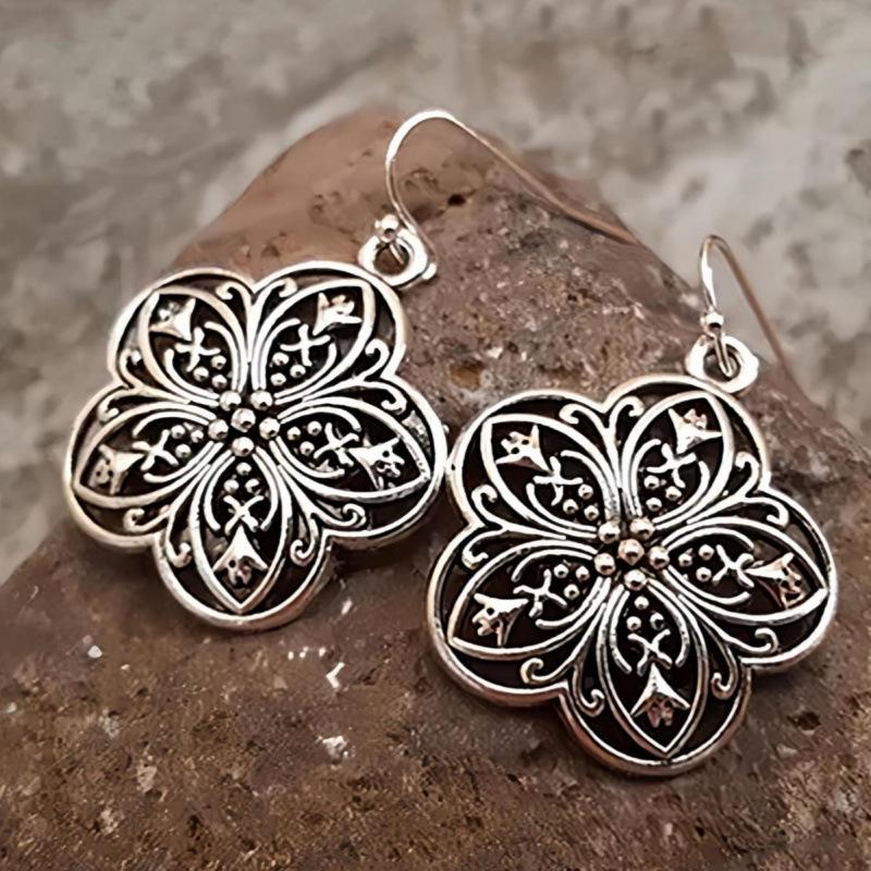 Bohemian Retro Hollow Silver Floral Pendant Earrings