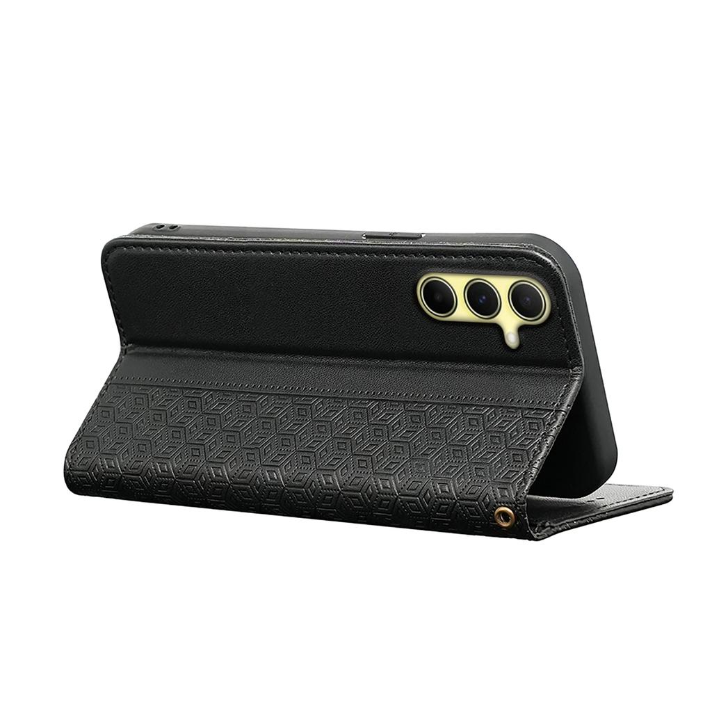 For Samsung Galaxy A15 4G/5G Wallet Phone Case Strong Magnetic Checkered Pattern Imprint Leather Flip Cover