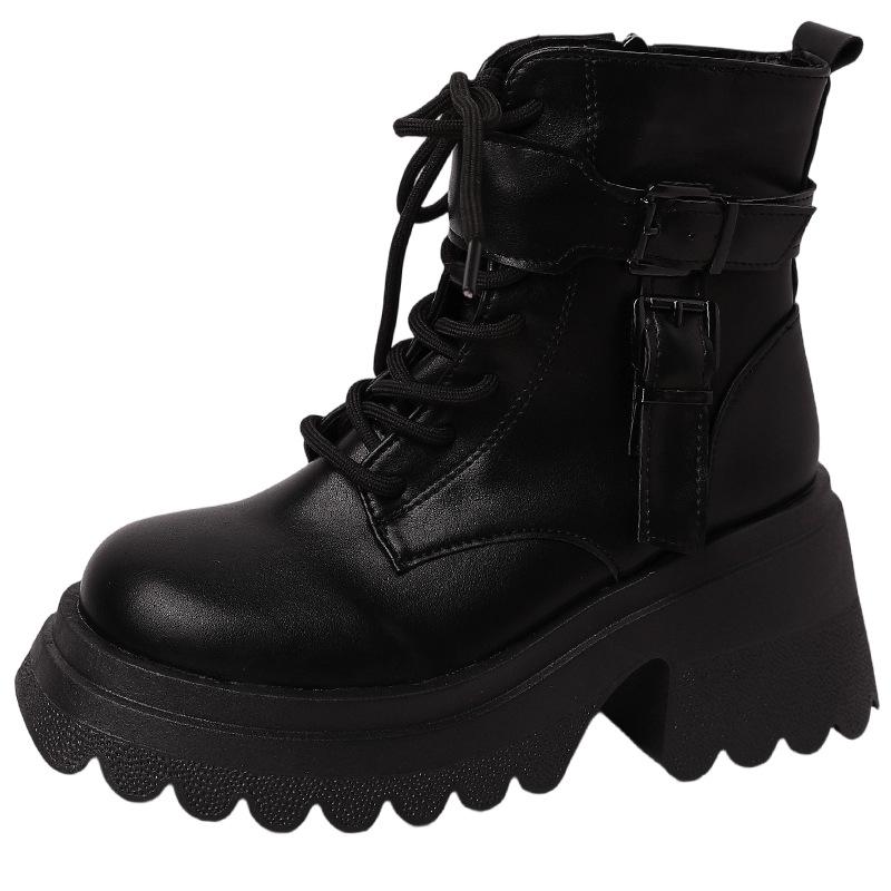 Fashion Retro Leather Boots Versatile Solid Color Platform Martin Boots Autumn and Winter British Style High-heeled Short Boots Small Fashion Boots