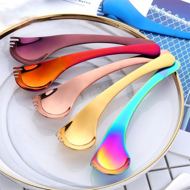 Fourchette Cuillère 2 en 1 Acier Inoxydable Manche Long Cuillères à Dessert Fourchettes Salade de Fruits X3UC