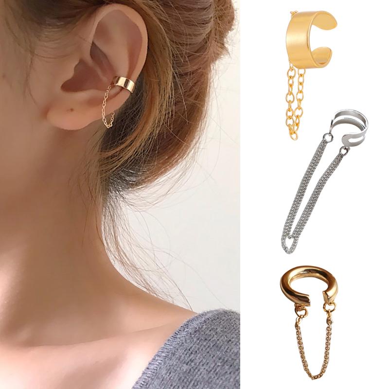 LATS Simple Fashion Punk Chain Ear Cuff for Women Clip on Earrings Gold Color Ear Cuff Non-Piercing Earring Trendy Zircon Gift
