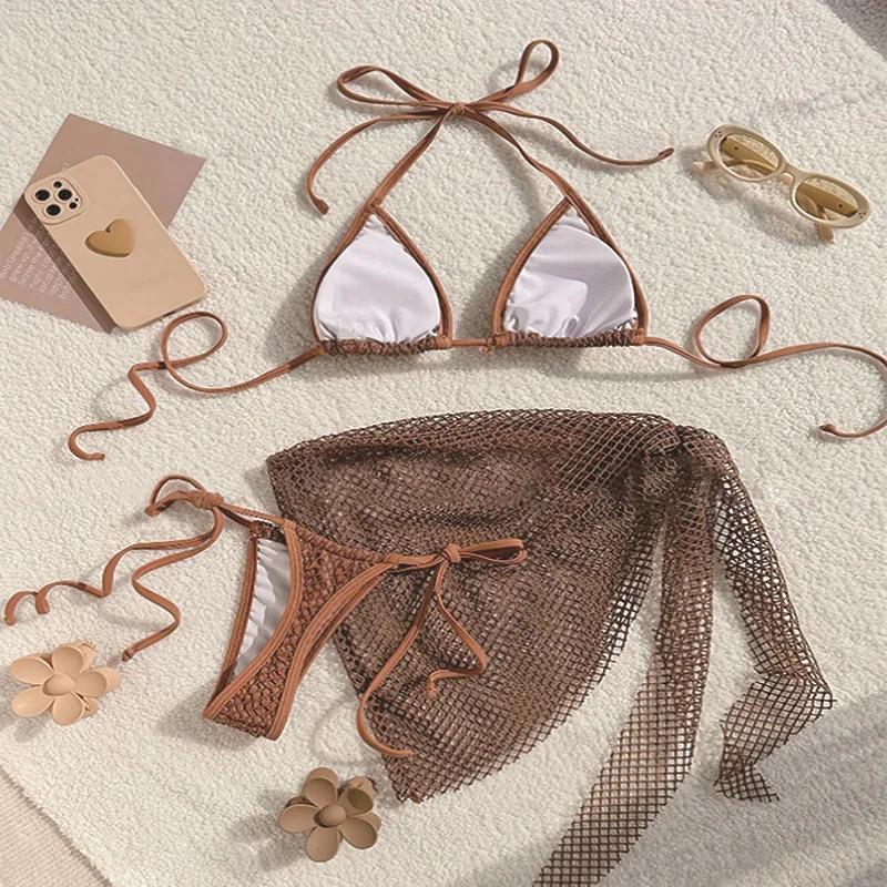 Sexy Brown Mesh Swimsuit Cover Ups Women Triangle String Micro Bikini Thong Halter Swimwear Bathing Suit 3 Piece Bikini Set 2025