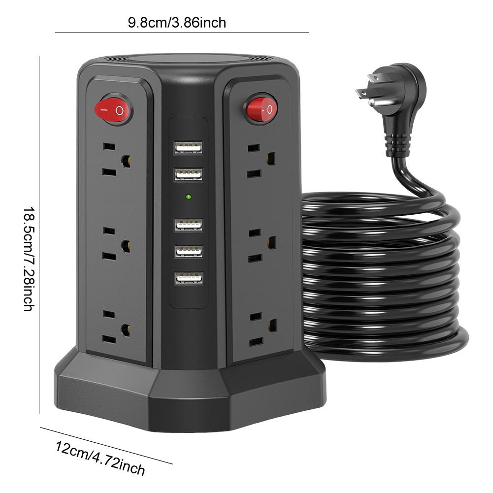 US Multi Power Strip 12 Way Outlets Sockets with 5 USB Ports 1250W 10A Universal Socket with 1.8m Extension Cord for Home Office