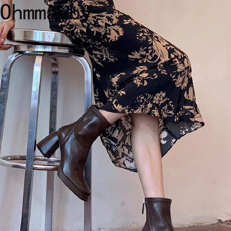 Vintage dámské kotníkové boty se čtvercovou špičkou, módní kotníkové boty se zadním zipem, podzimní zimní dámské stručné dlouhé kotníkové boty