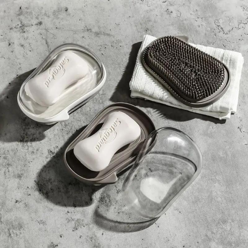 Portable Silicone Soap Dish with Double-Layer Lid - Travel Bathroom Organizer Odor-Resistant Drainage SoapHolderTray for Shower