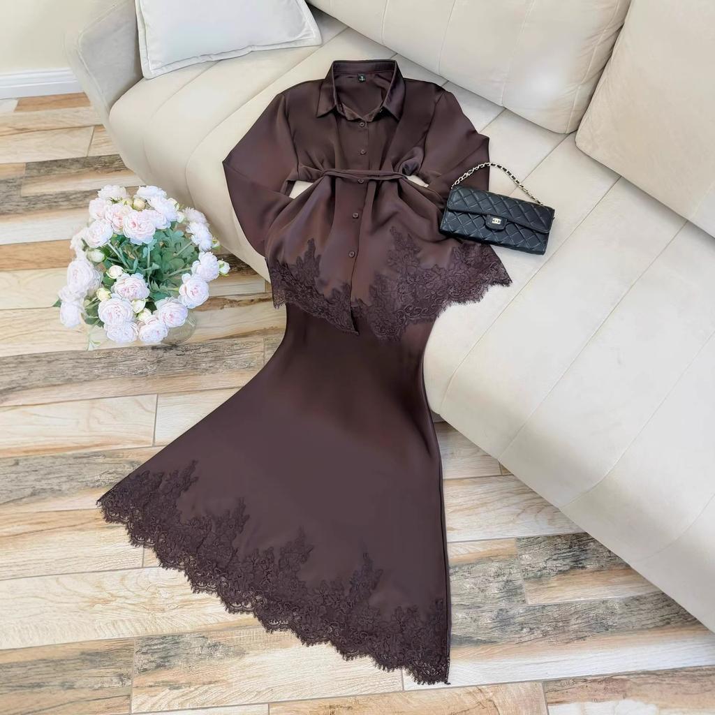 Women's 2026 Spring New Dress Set: Elegant Lace Patchwork Tie-Up Long-Sleeve Shirt and Skirt Two-Piece Set
