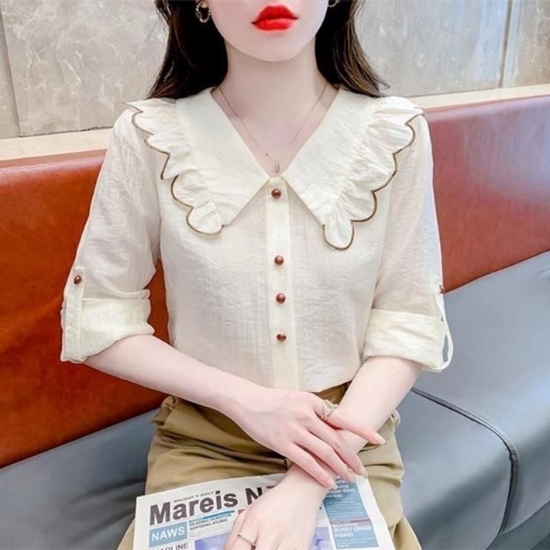 Spring and Autumn Doll Neck Shirt for Women Short Sleeves Shirt Temperament Loose Top