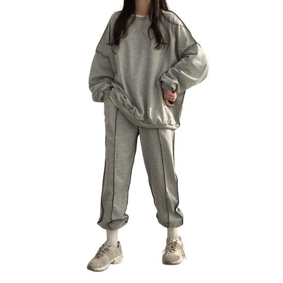 

2 шт./комплект женский топ брюки комплект круглый вырез длинный рукав однотонный цвет L серый