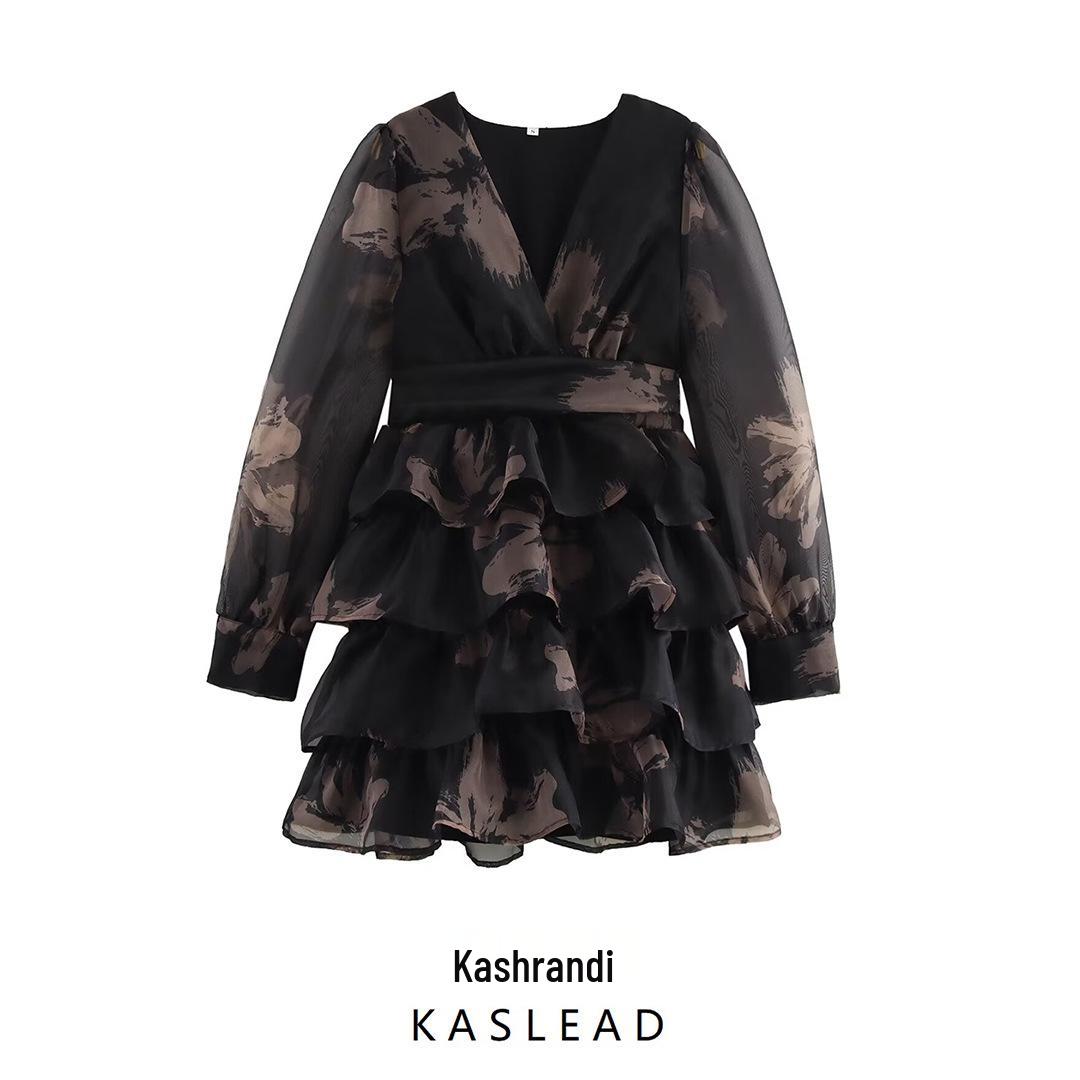 

2025 Spring Women s European & American Style V-neck Organza Layered Cake Skirt Small