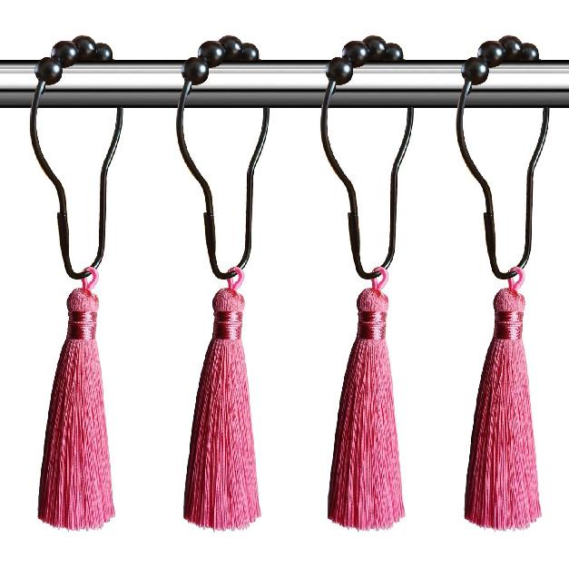 Pink Tassel Shower Curtain Hooks - Black Shower Curtain Rings Rust Proof Shower Hooks for Shower Curtain, Decorative Shower Curtain Hooks Ruffle розовый