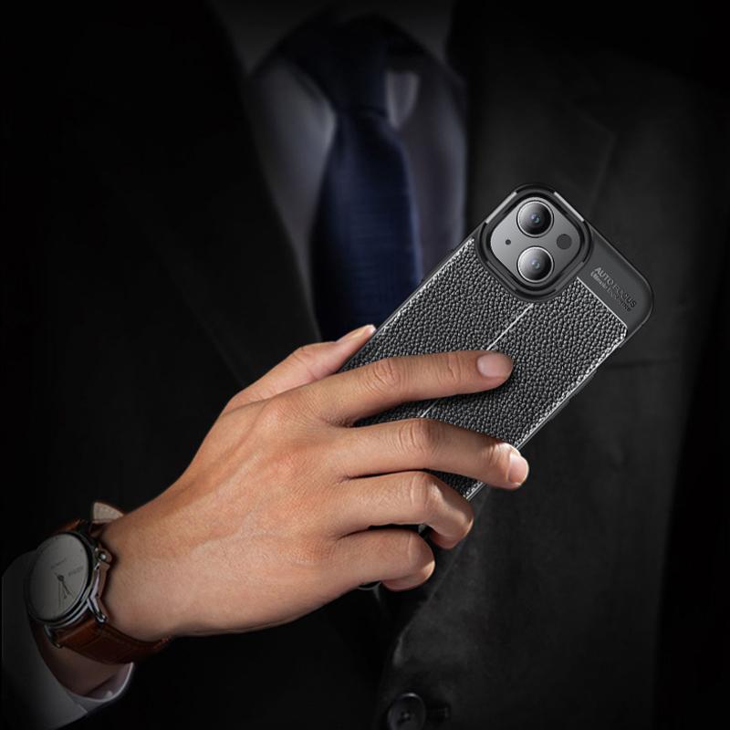 

For iPhone 15 Shockproof Back Cover Litchi Texture TPU Phone Case Black