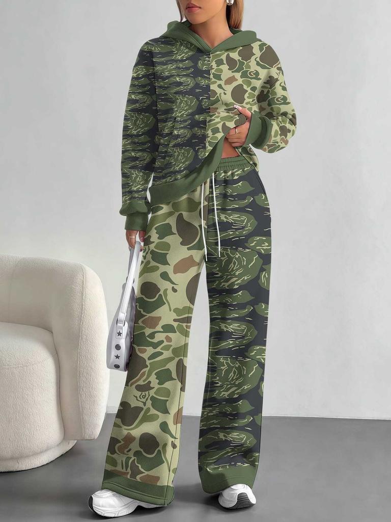 Outdoor Camouflage Style European and American Autumn/winter Casual Long-sleeve Set, Women's Hooded Sweatshirt and Long Pants Two-piece Set