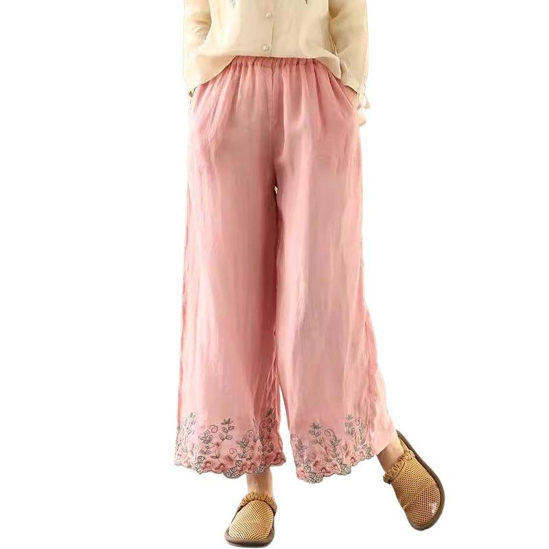 Spring/Summer 2026 Retro Chinese Embroidered Cotton Linen Wide-Leg Casual Pants for Women - Plus Size Available