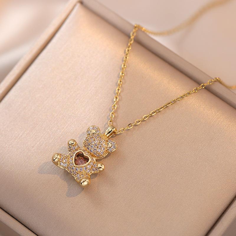 Women's Cute Bear Hug Pendant with Pink Zircon On Adjustable Clavicle Chain