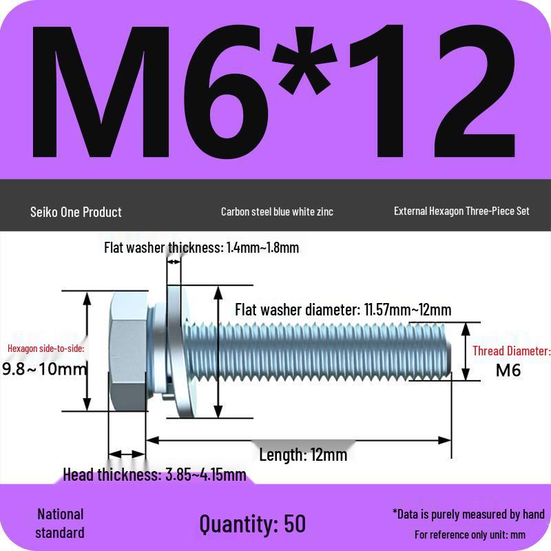 Grade 8.8 Galvanized Hex Bolt Set: Includes Hex Bolt, Spring Washer, Flat Washer (Sizes: M4, M5, M6, M8, M10, M12)