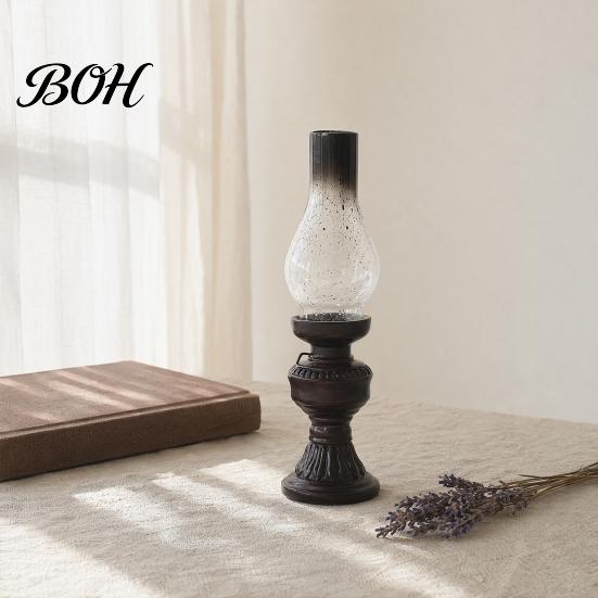 Oil Lamp Candle Holder Miniature Kerosene Resin Holder, Retro Figurine with Smoked Softly Diffused Candlelight Glass Shade & Carved Base, Tabletop