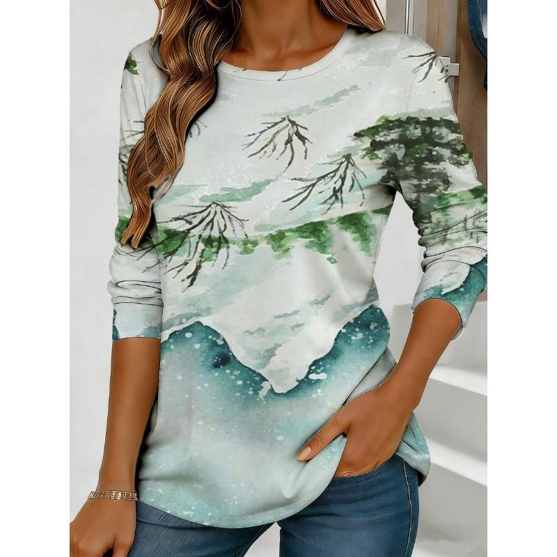 Women's Colorful Floral and Butterfly Print Long-sleeved Loose-fitting Round Neck Top, Casual Everyday Style