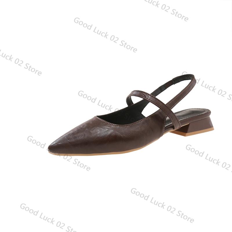 Fashion 2025 New Women Baotou Patent Leather One Line Buckle Strap Cat Heel Sandals Female Sexy Black Silk Pointed Thin Heel Flat Shoes
