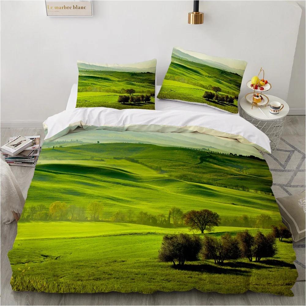 Natural Landscape King Queen Duvet Cover Comic Ink Painting Style Bedding Set Adults Tree Mountain River Polyester Quilt Cover