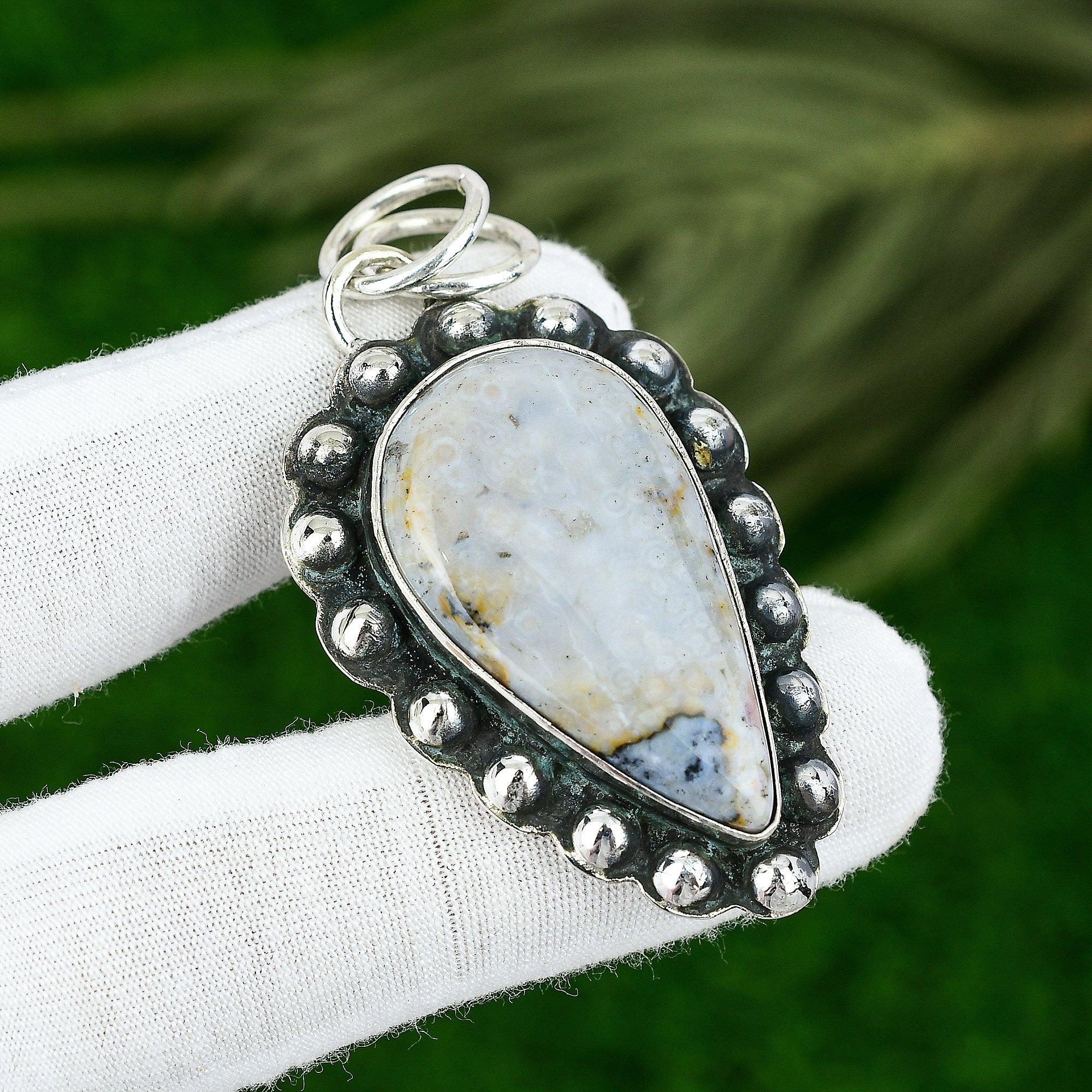 

Pear Ocean Jasper Gemstone Boho Artisan Bezel Pendant Jewelry Sterling Silver