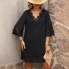 Vestido de Verano para Mujer Holgado de Cintura Alta Línea A Cuello en V Encaje Flor Quemada Manga Media Color Sólido Tallas S XL