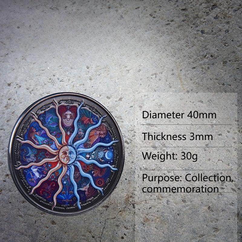 Twelve Zodiac Signs, Sun and Moon Gods, Lucky Coin, Ancient Silver, Commemorative Coin, Zodiac Signs, European and American, Colorful Coin
