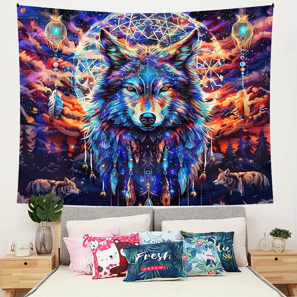 VIKAMA Traum Himmel Wolfskopf Traumfänger Wandteppich Kunst Dekoration für Wohnzimmer Sofa Akzentwand Zimmer Ferienwohnung Dekor