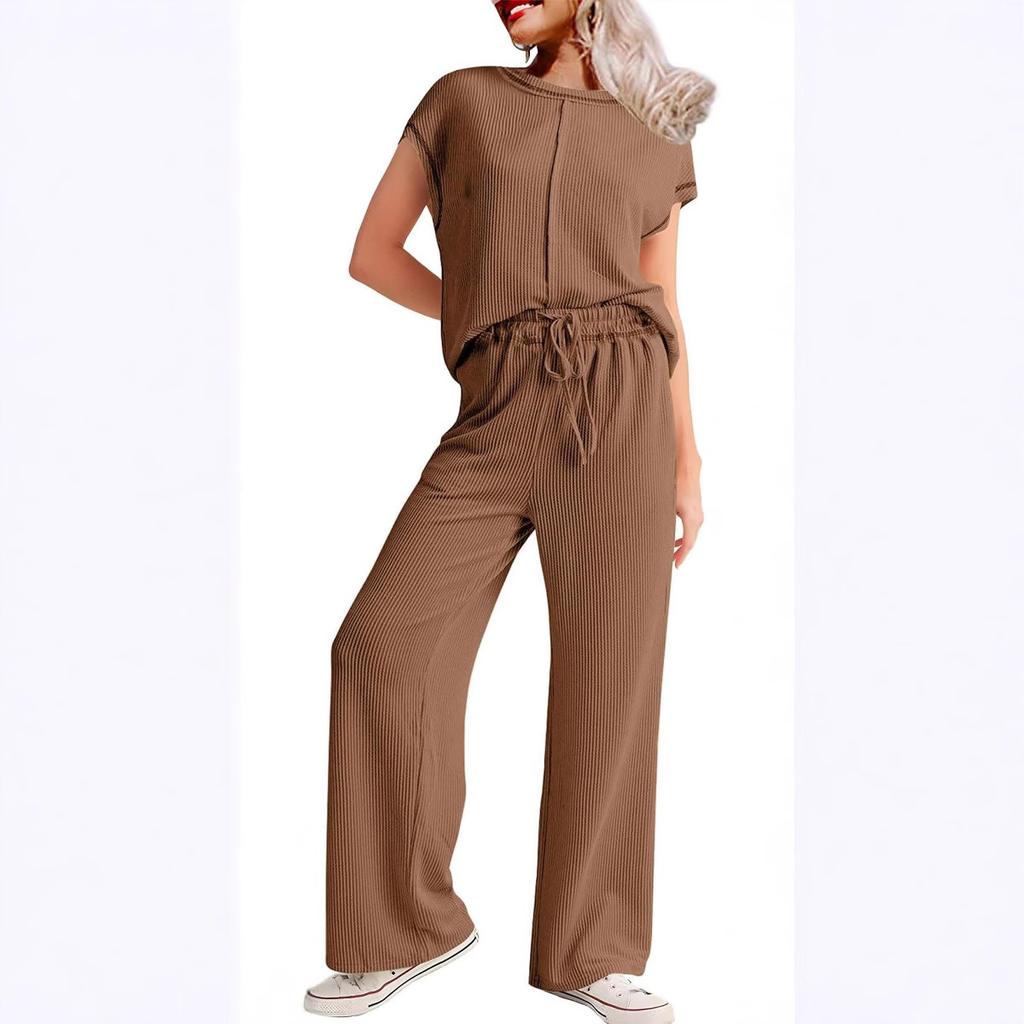 Women's Casual Lounge Set Short Sleeve Top & Wide Leg Pants with Drawstring Waist In 6 Colors