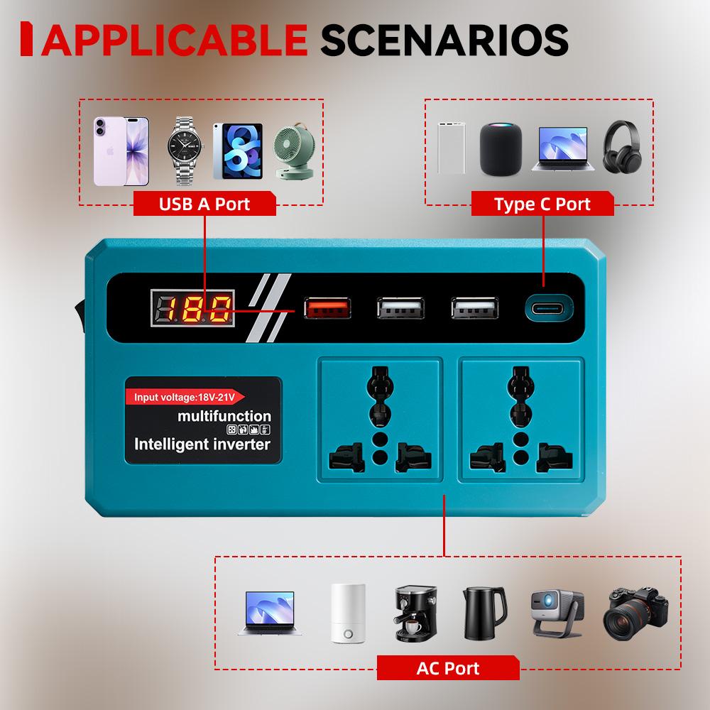 ONEVAN Invertor de Putere 300W DC 18V-21V la AC 220V Invertor cu Baterie Litiu cu Port de Încărcare USB Dublu Pentru Pini Baterie Makita 18V