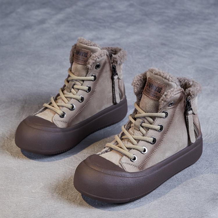 Johnature Retro Plüsch Warme Kurze Stiefel Echtes Leder Doppelreißverschluss Dickbesohlte Damenschuhe
