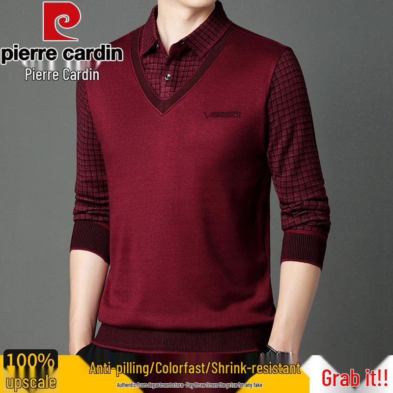 Pierre Cardin Fleece-Lined Red Faux Two-Piece Sweater for Middle-Aged & Elderly Men 170/L 115—135 jin