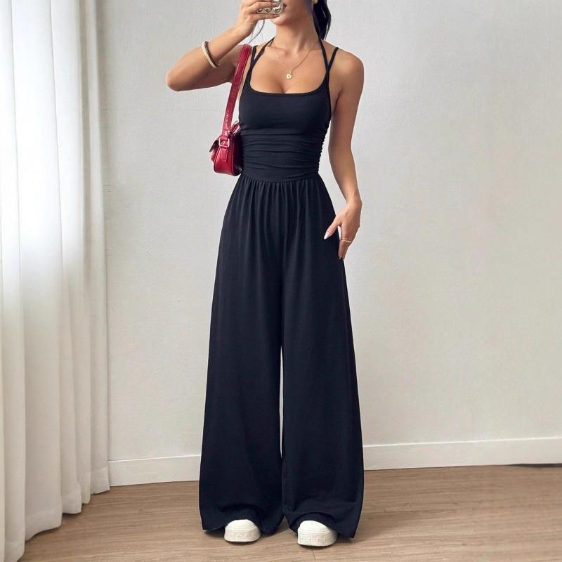 Summer New Women s Navy Blue Halterneck Jumpsuit Pleated Waist Wide Leg Casual Jumpsuit S чёрный