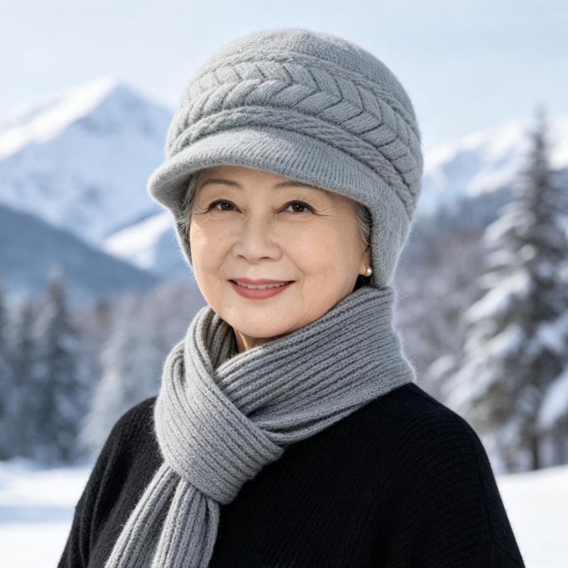 Middle-aged and elderly hats, women's autumn and winter fashion mother hats, fleece thickened ear protectors, cold-proof and warm knitted wool hats