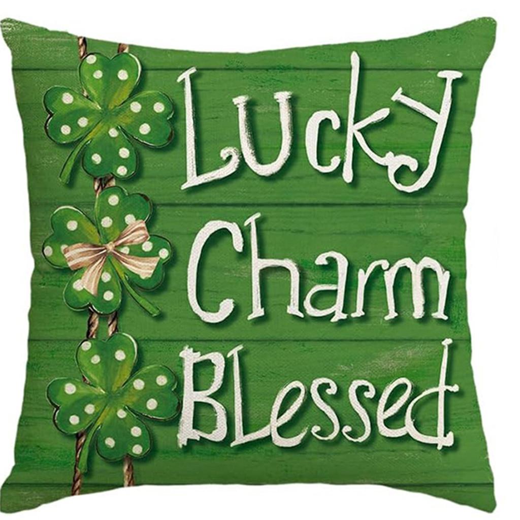 St. Patrick's Day Pillow Cover Line Printed Pillow Cover Green Four-leaf Crocodile Cushion Cover