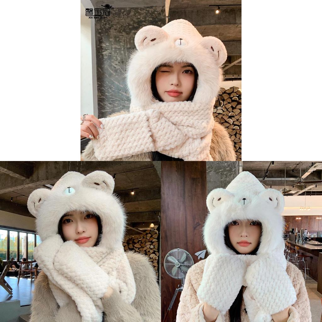 Polyester Winter Knit Hat With Earmuff And Scarf For Girls And Teens