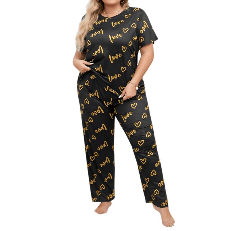 Plus Size 3XL 4XL 5XL Sleepwear Heart Letters Print 2 PCS Pajama Set Women's Casual Short-Sleeve Top and Pants Loungewear