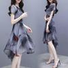2026 Summer Women's Short Sleeve Chiffon Swallowtail Dress with Korean Print