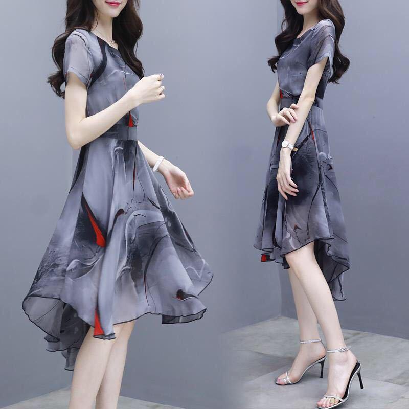 2026 Summer Women's Short Sleeve Chiffon Swallowtail Dress with Korean Print