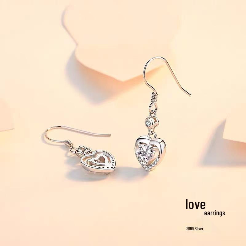 Elegant Heart-Shaped Pure Silver 999 Earrings for Women - Fashionable, High-End, Luxurious Pendant Ornaments