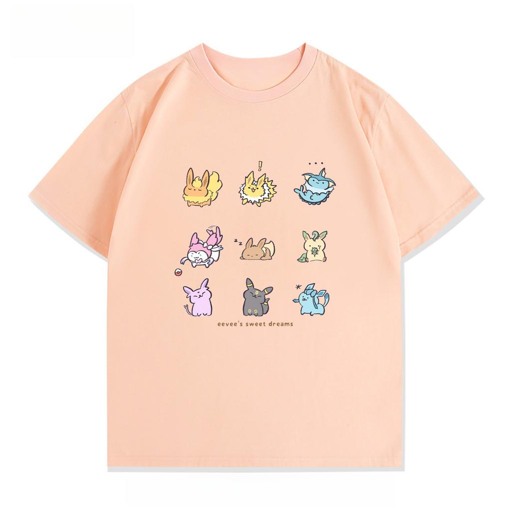 Pokmon Pocket Eevee Summer New Printed Tshirt Unisex Cotton Street Y2k Harajuku Loose Sleeve Unisex Comfortable